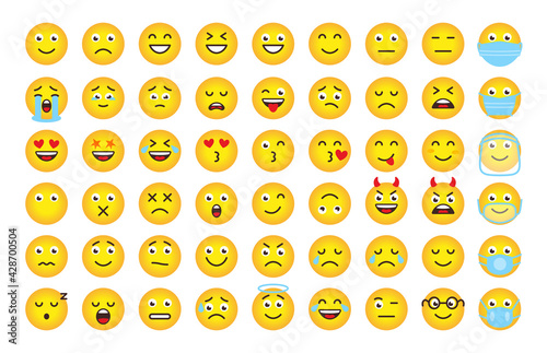Funny cartoon emoji of yellow gradient. Mood or facial emotion symbol for digital chat app objects. Faces expressing crazy,funny, sad, angry. Emoticons in mask. Isolated on white vector illustration