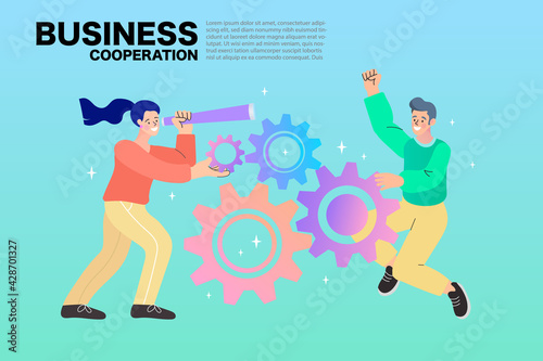 Business people links of mechanism. Business teamwork concept. Abstract background with gears and people are engaged in business promotion. vector flat design.