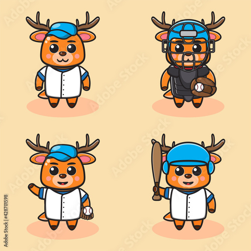 Vector illustration of cute Little Deer Baseball cartoon set. Cute Little Deer expression character design bundle. Good for icon, logo, label, sticker, clipart.