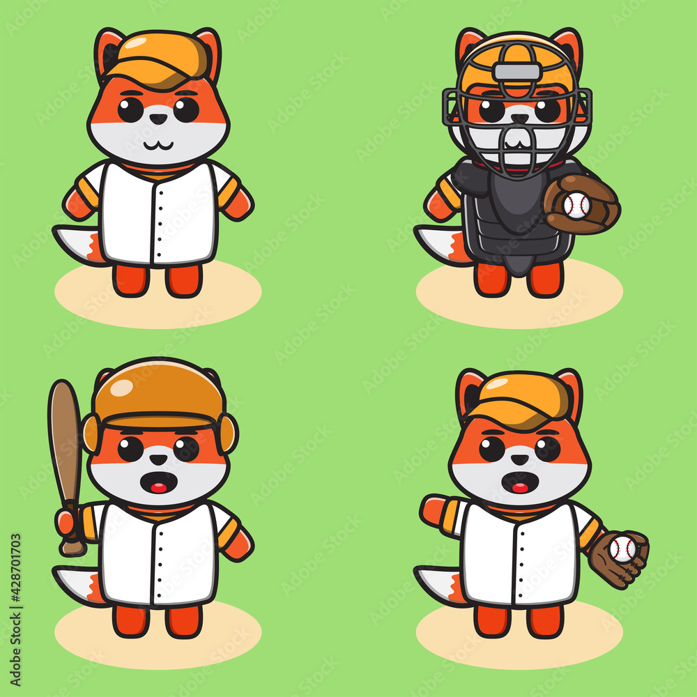 Vector illustration of cute Fox Baseball cartoon. Cute Fox expression character design bundle. Vector illustration of cute Fox Baseball cartoon. Cute Fox expression character design bundle.