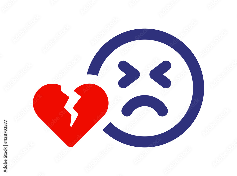 Red broken heart with sad face icon. Red broken heart with sad face icon.