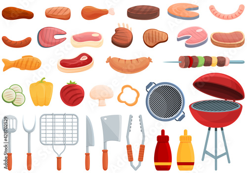 Grilled food icons set. Cartoon set of grilled food vector icons for web design