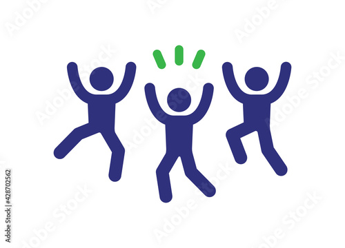 Group of happy people laughing, jumping and raising their hands. Vector flat illustration isolated on white background.
