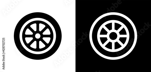 Black tire alloy wheel vector car or automobile icon for apps and websites.