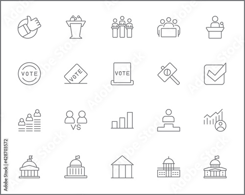 Set of vote and politics line style. It contains such Icons as democracy, government, tribune, president, protest, voting, polls and other elements. customize color, easy resize.