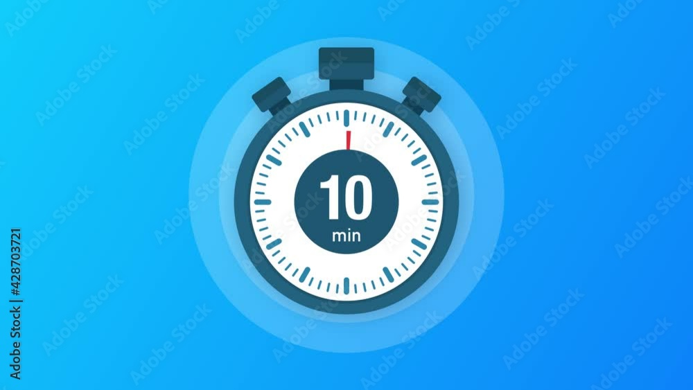 The 10 minutes, stopwatch icon. Stopwatch icon in flat style, timer on on color background. Motion graphics.