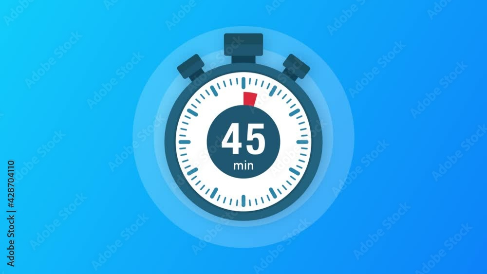 The 45 minutes, stopwatch icon. Stopwatch icon in flat style, timer on on color background. Motion graphics.