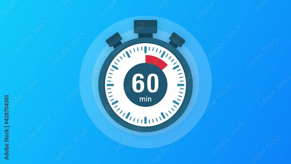 The 60 minutes, stopwatch icon. Stopwatch icon in flat style, timer on on color background. Motion graphics. The 60 minutes, stopwatch icon. Stopwatch icon in flat style, timer on on color background. Motion graphics.