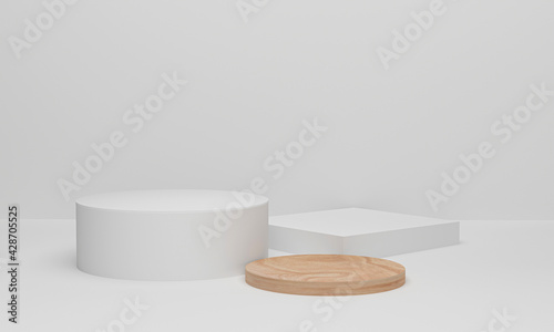 Fototapeta Naklejka Na Ścianę i Meble -  Circle wood podium minimal white wall scene. cylinder podium platforms for cosmetic product presentation. 3d rendering