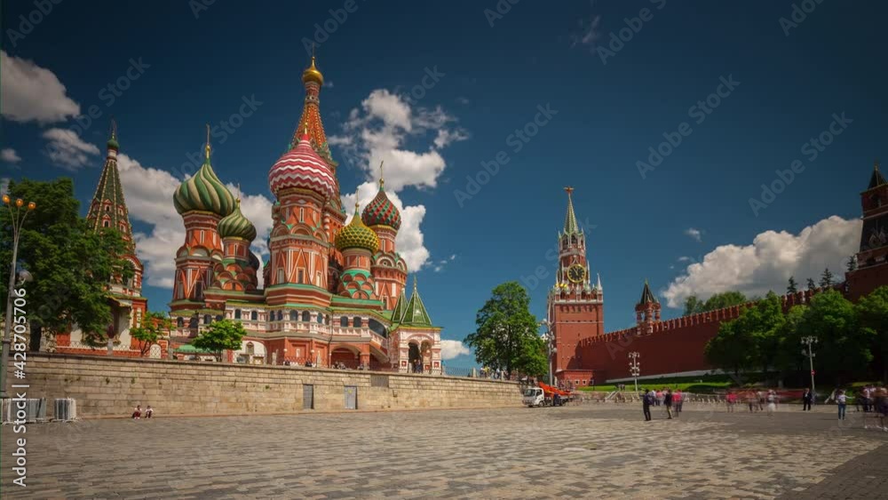 summer day moscow city saint basil's cathedral backside panorama 4k timelapse russia
