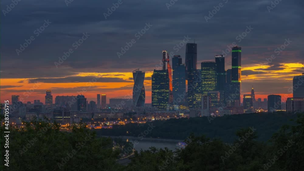sunset sky moscow modern city rooftop aerial panorama 4k timelapse russia