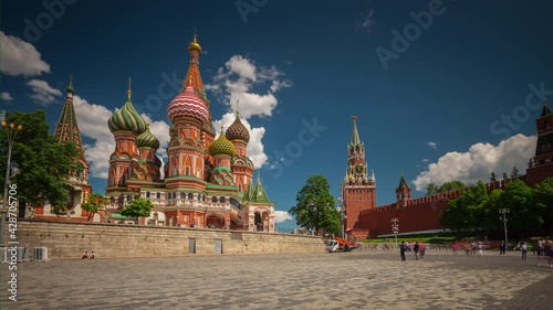 summer day moscow city saint basil's cathedral backside panorama 4k timelapse russia