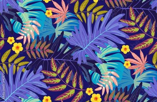 Tropical Rain forest leaf color seamless pattern. Hawaii wallpaper or textile fabric print vector background.