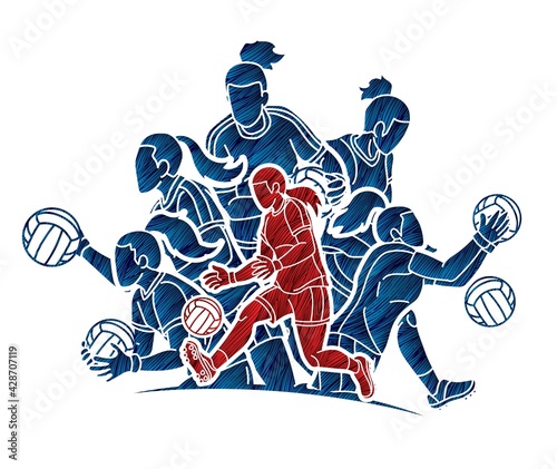 Group of Gaelic Football Female Players Sport Action Cartoon Graphic Vector.