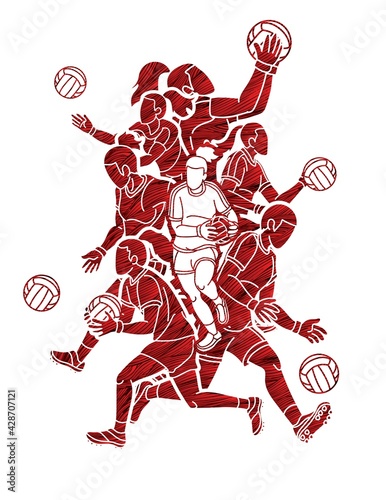 Group of Gaelic Football Female Players Sport Action Cartoon Graphic Vector.