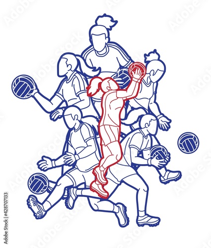 Group of Gaelic Football Female Players Sport Action Cartoon Graphic Vector.