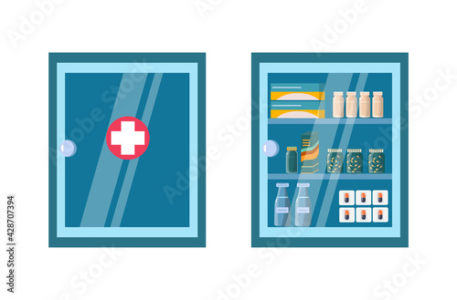 Medicine chest. Pharmacy shelf on wall. On the shelves there are drug, pills in blister packs, bottles. Full, empty and closed pharmaceutical chest for the first aid kit. Medical office. Vector