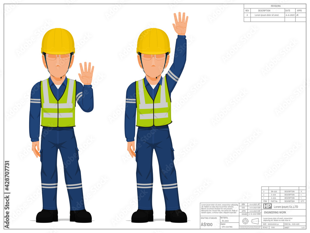 Set of industrial worker raising hand on white background Set of industrial worker raising hand on white background