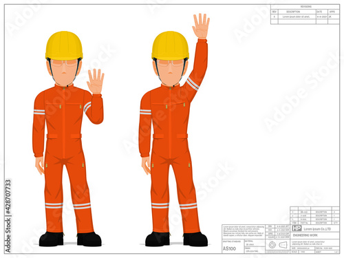 Set of industrial worker raising hand on white background