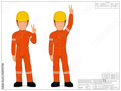 Set of industrial worker presenting victory hand sign on white background