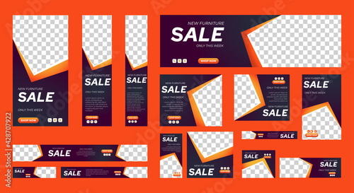 Set of Furniture Sale banners of standard size with a place for photos. Vertical, horizontal and square template. vector illustration
