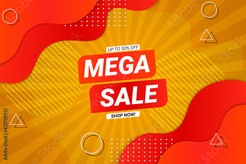 Mega Sale Background Yellow and Orange Dynamic Fluid Shape Style with Geometric Shape