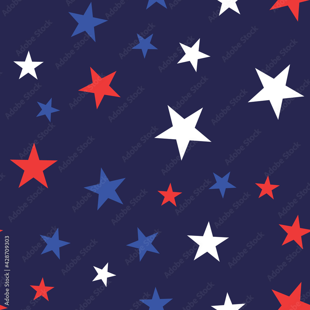 White, Red and Blue Stars with Dots Seamless Pattern