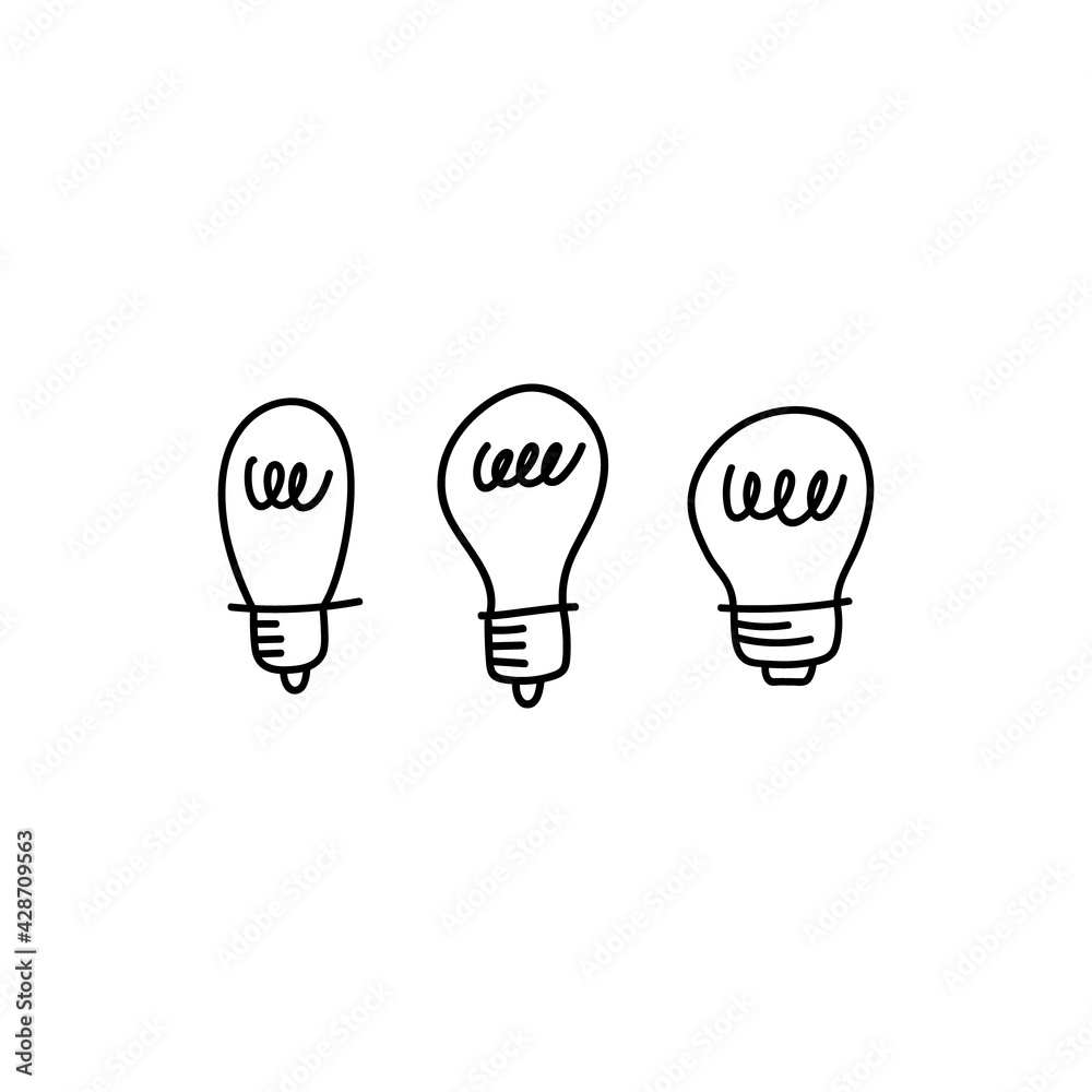 Light bulb doodle collection. Hand drawn simple electric lamps, symbols of ideas, solutions, innovation and creativity. Light bulb doodle collection. Hand drawn simple electric lamps, symbols of ideas, solutions, innovation and creativity.