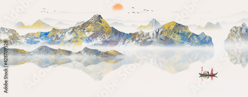 Bilde på lerret Chinese style gold foil ink landscape background illustration