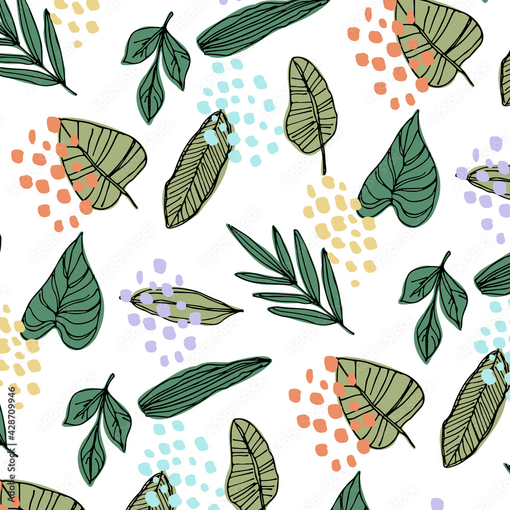 手描きのボタニカルリーフ柄　シームレスパターン
