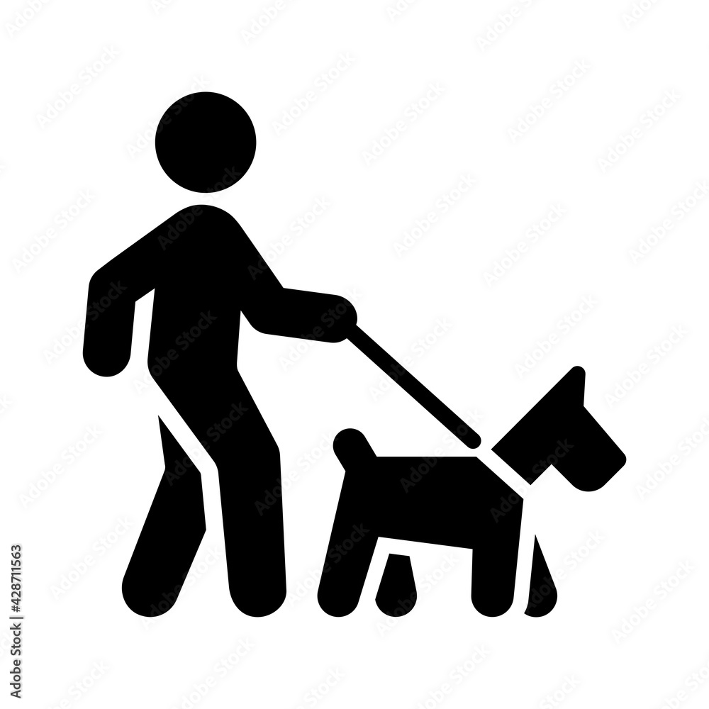Man is walking with a dog. Vector illustration in black icon.