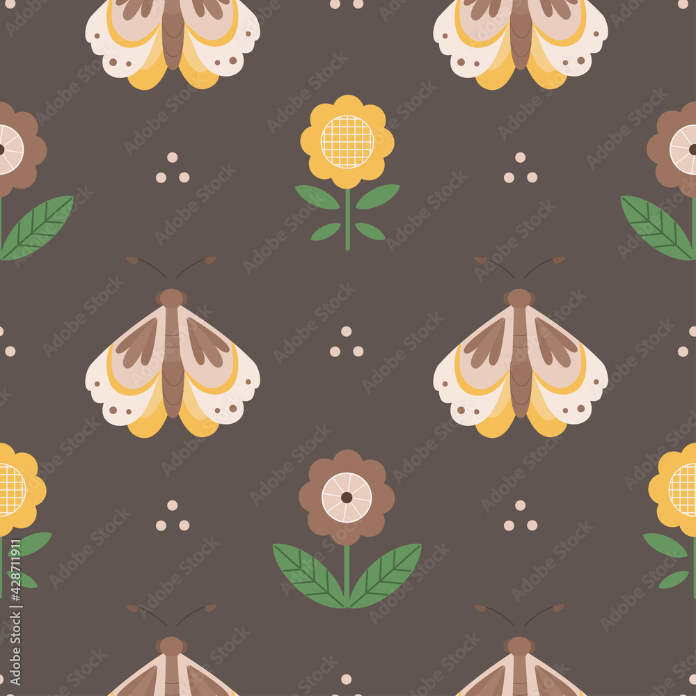 Seamless pattern with butterflies and folk flowers. Great for fabric, textile. Vector Illustration Seamless pattern with butterflies and folk flowers. Great for fabric, textile. Vector Illustration