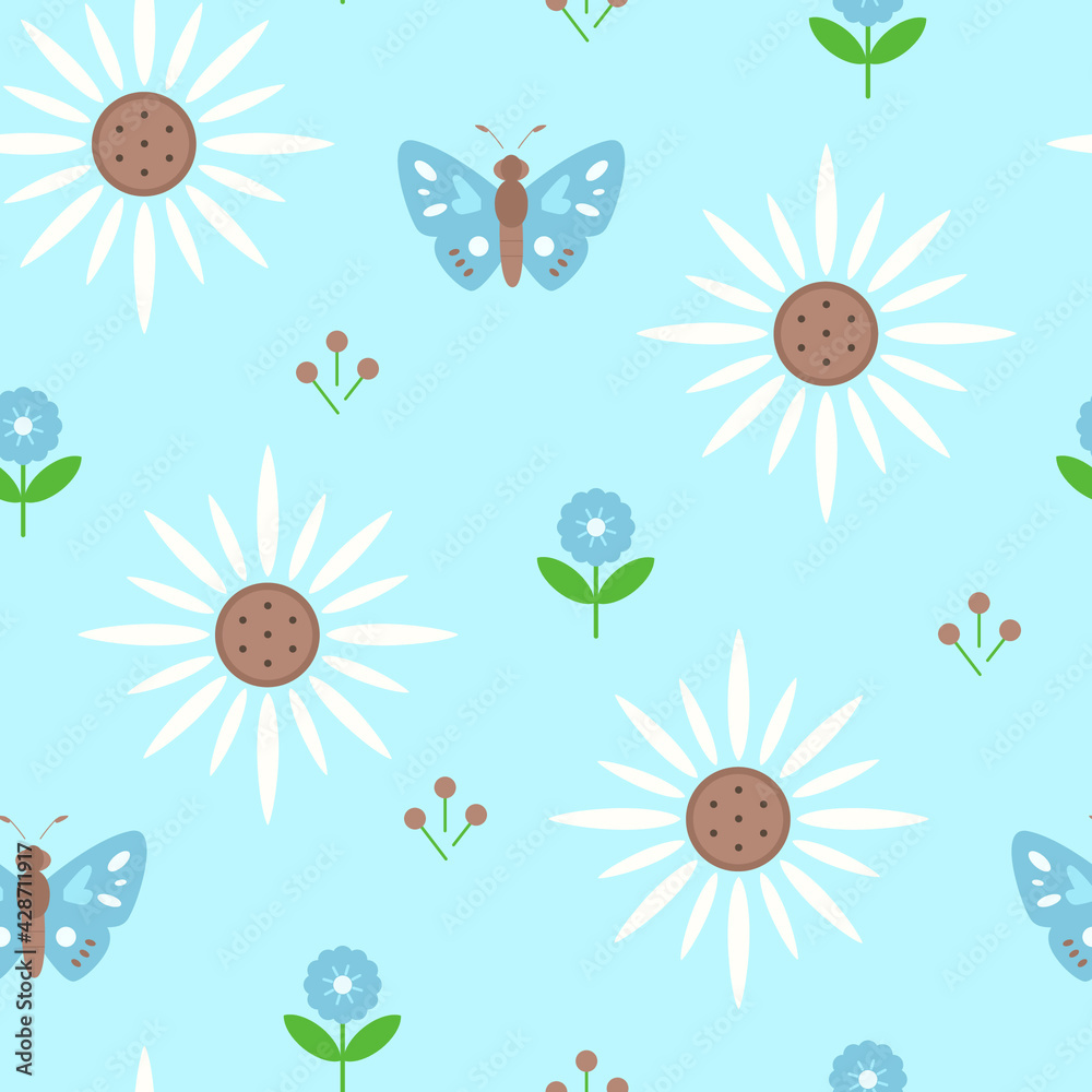 Seamless pattern with butterflies and boho flowers.  Creative nature texture for fabric, wrapping, textile, wallpaper, apparel.