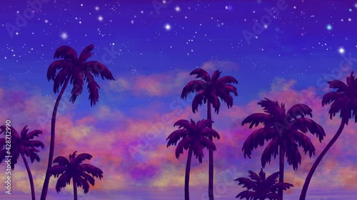 Silhouettes of palm trees against a purple sunset sky Retro wave horizon landscape loop