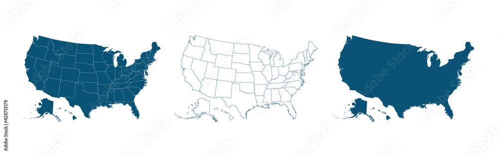 United States of America map. USA map with and without states isolated, vector