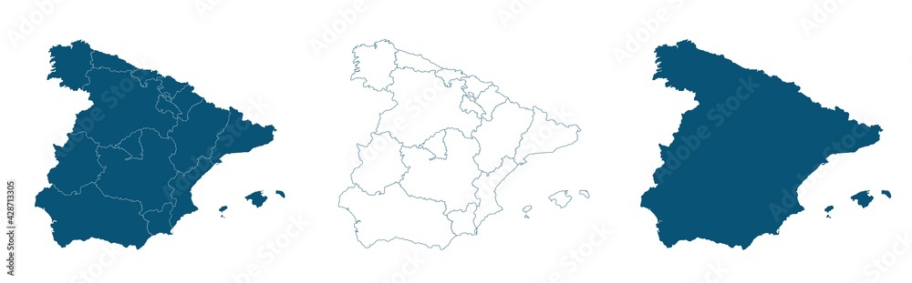 Spain Map blue. Spanish Border state. Transparent vector illustration