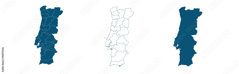 Districts of Portugal. Map of regional country administrative divisions. Colorful vector