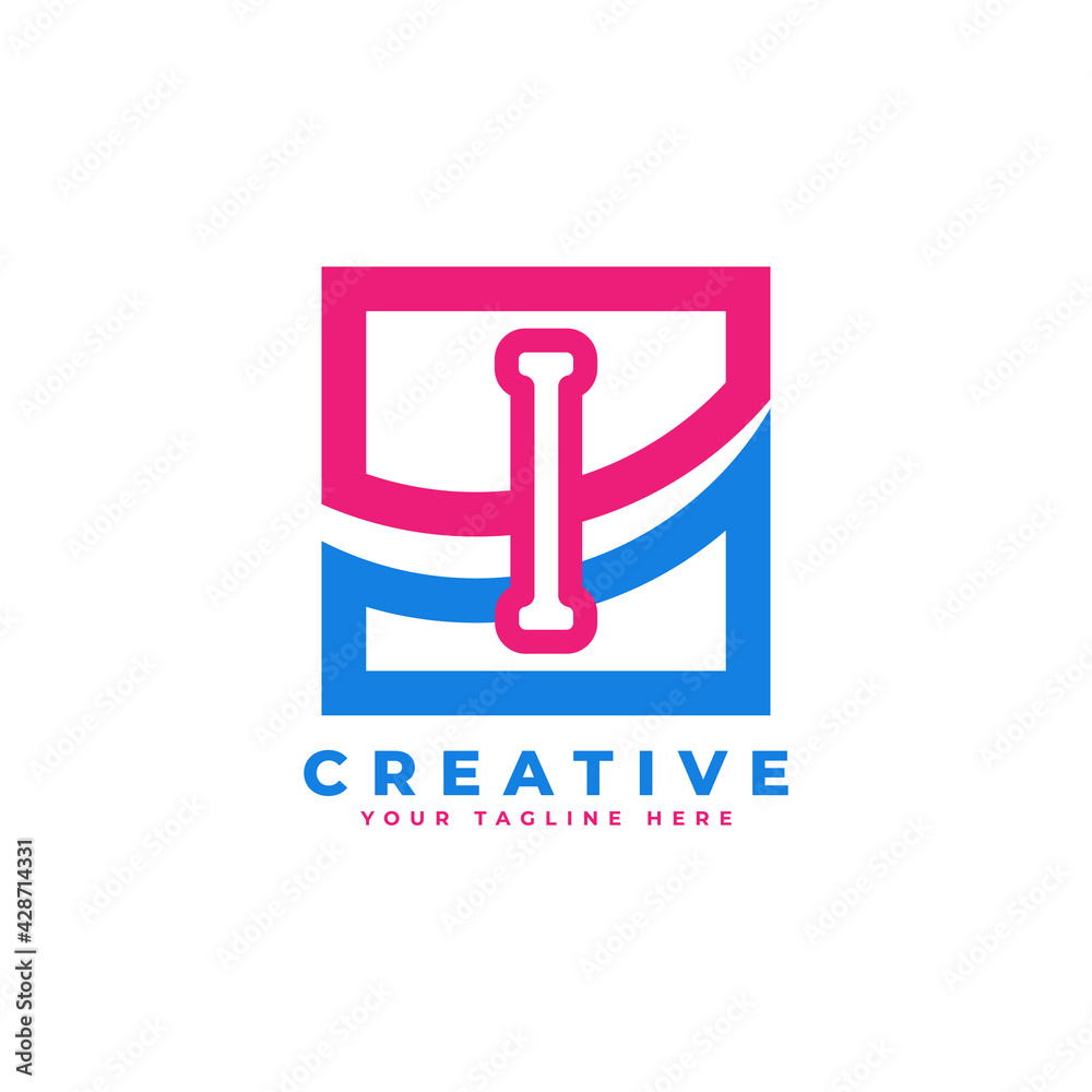 Corporation Letter I Logo With Square and Swoosh Design and Blue Pink Color Vector Template Element