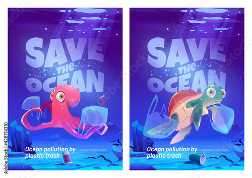 Save ocean cartoon posters with underwater animals and trash in sea. Water pollution with plastic ecological problem. Unhappy octopus and turtle on dirty polluted bottom covered with garbage, vector