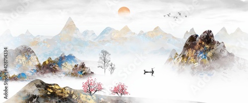 Original Chinese style ancient architecture ink landscape illustration background