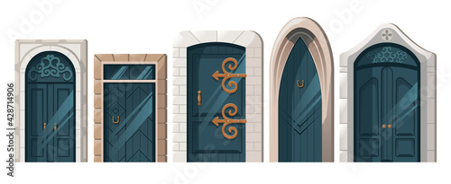 Ancient doors, cartoon medieval castle wooden entries with stone doorjambs. Fairytale palace vintage building architecture design with forged decoration and knobs, vector illustration, icons set