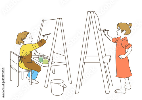 Children painting at easel. hand drawn style vector design illustrations. 