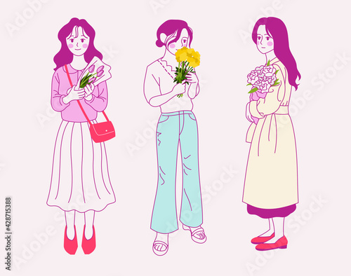 Girls standing with flowers. hand drawn style vector design illustrations. 