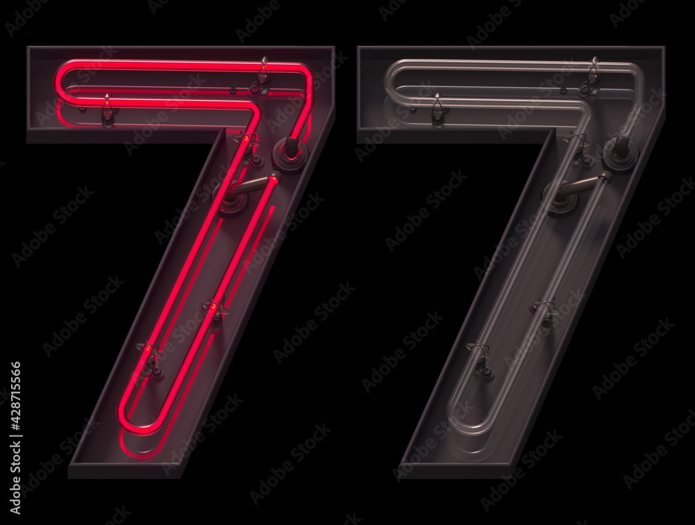 Red light neon font with On and Off. Number 7. Red light neon font with On and Off. Number 7.
