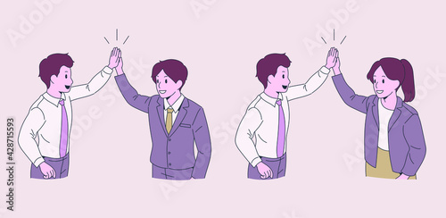 Business people doing high fives. hand drawn style vector design illustrations. 