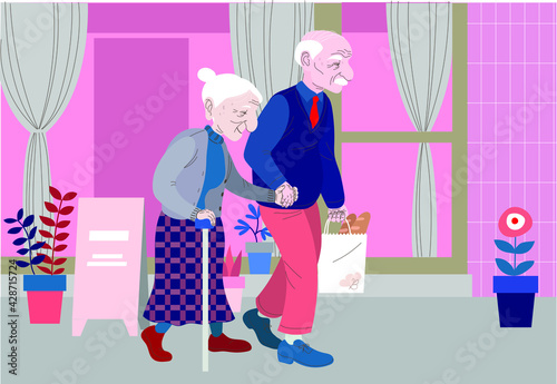 An affectionate elderly couple is walking down the street. hand drawn style vector design illustrations. 