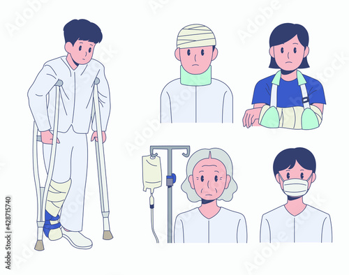 Patient character in hospital uniform. hand drawn style vector design illustrations. 