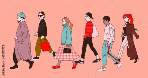 Fashionable people are walking down the street. hand drawn style vector design illustrations. 