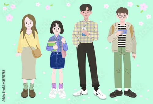 College student fashion model. hand drawn style vector design illustrations. 