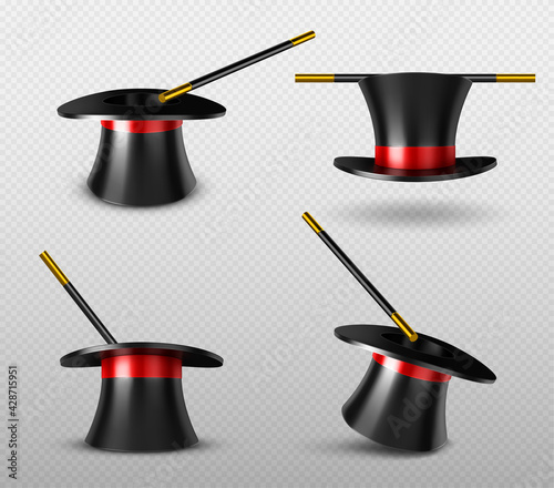 Magician hat and magic wand for circus show. Illusionist black cylinder and golden stick for tricks and miracles. Vector realistic set of 3d high cap with red ribbon and wizard wand